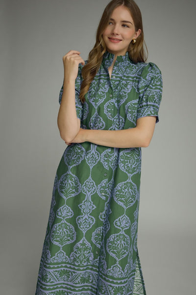 Ornamental Short Puff Sleeve Midi Dress: Green
