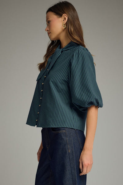 Stripe Self-Tie Neck Short Puff Sleeve Top: Hunter Green