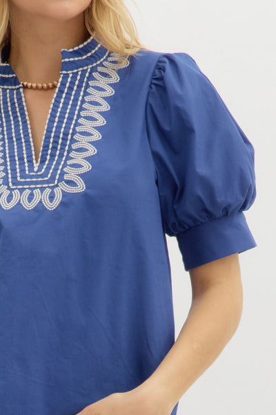 Embroidered V-Neck Puff Sleeve Top