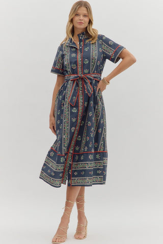 Navy Print Short Sleeve Belted Shirt Dress