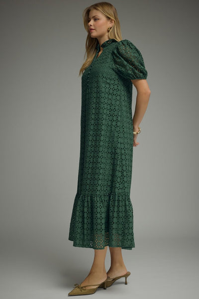 Eyelet Short Puff Sleeve Midi Dress: Green