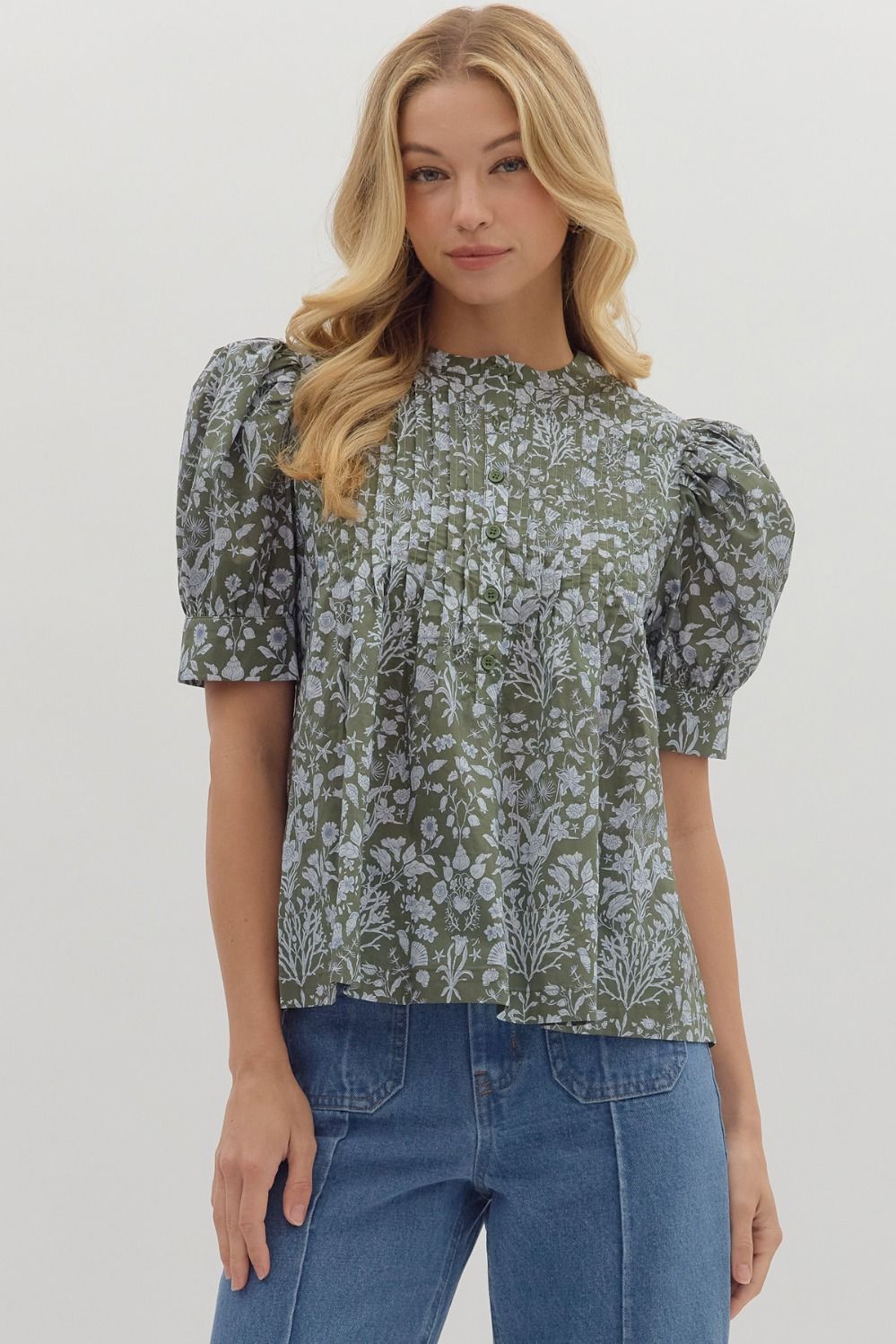Floral Puff Sleeve Pintuck Top