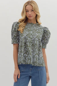 Floral Puff Sleeve Pintuck Top