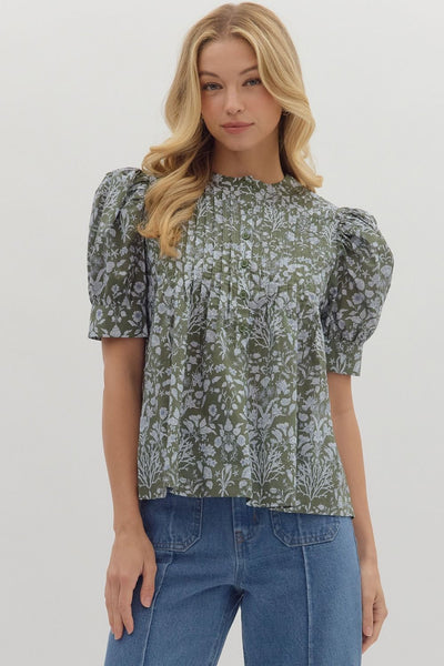 Floral Puff Sleeve Pintuck Top