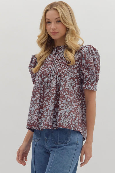 Brown Floral Puff Sleeve Pintuck Top