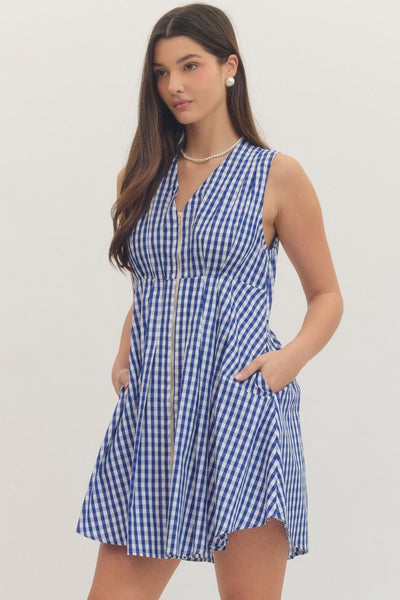 Gingham Zip Up Mini Dress - Navy Blue