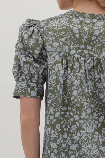 Floral Puff Sleeve Pintuck Top
