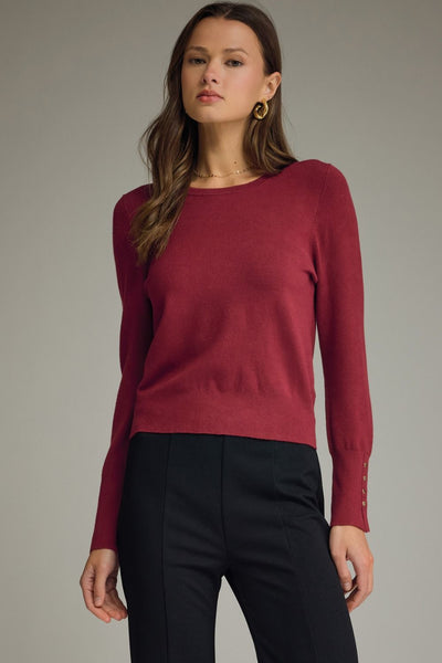 Solid Round Neck Long Sleeve Knit Top: Wine