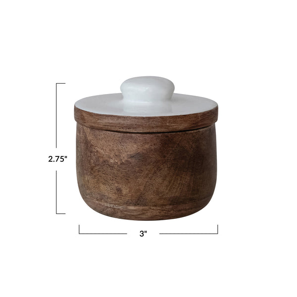 Mango Wood Pinch Pot w/ Enameled Lid, Natural & White