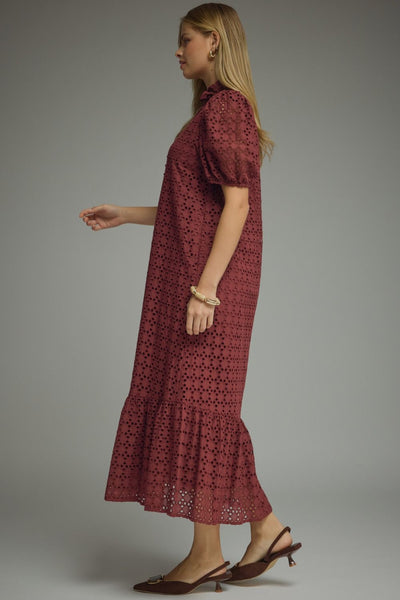 Eyelet Short Puff Sleeve Midi Dress: Burgundy