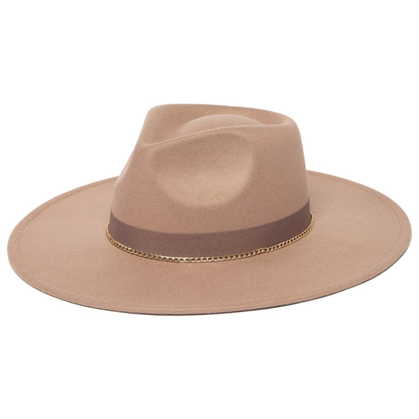Taupe Fedora with Pinch Crown and Gold Trim