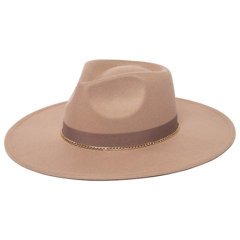 Taupe Fedora with Pinch Crown and Gold Trim