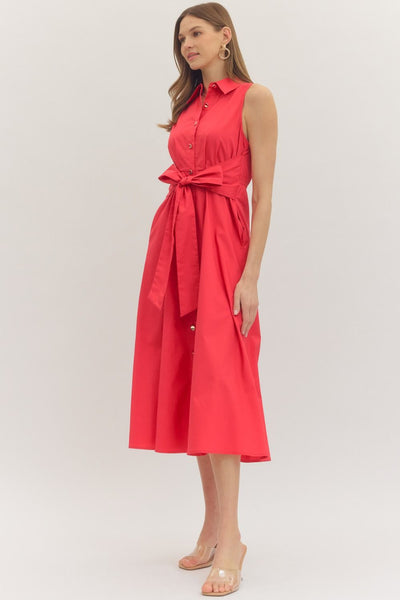 Button Down Tie Dress - Red
