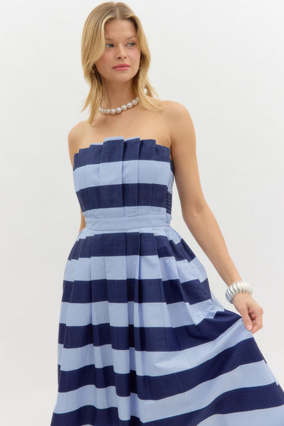 Navy Stripe Cotton Strapless Midi Dress