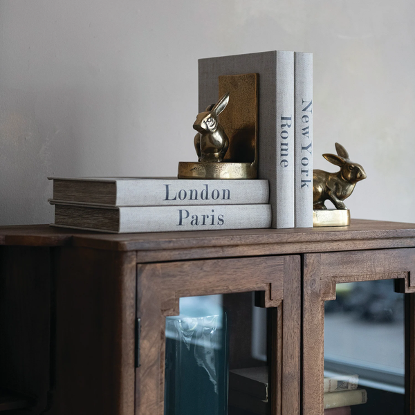 Cast Aluminum Rabbit Bookends, Antique Gold Finish, Set of 2