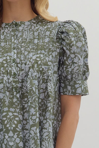 Floral Puff Sleeve Pintuck Top