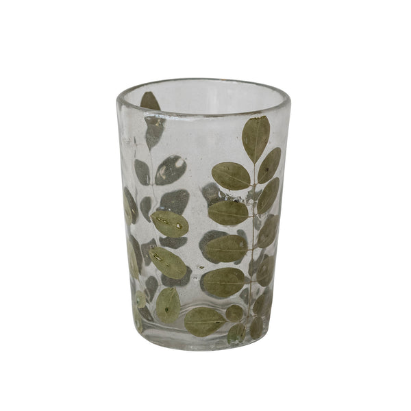 Handmade Glass Tealight/Votive Holder with Embedded Natural Moringa Leaves