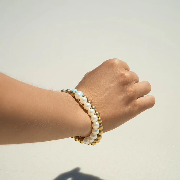 Waterproof Gold Pearl Beaded Stretch Bracelet: 8mm