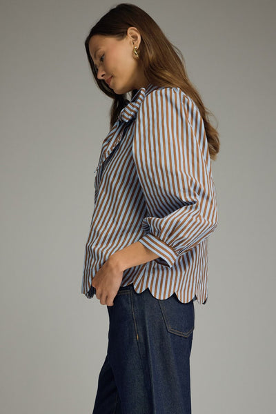 Stripe Self-Tie Neck Puff Sleeve Top: Blue Brown