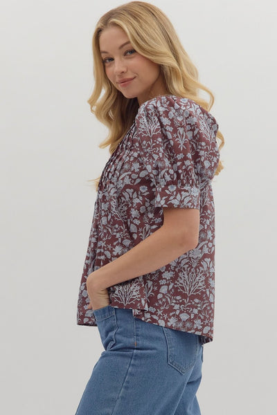 Brown Floral Puff Sleeve Pintuck Top