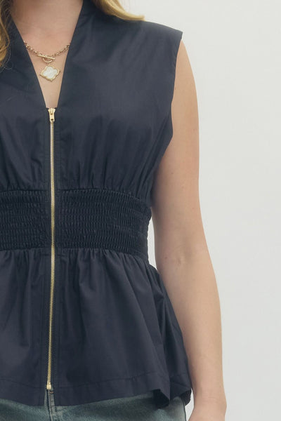 Solid Sleeveless Zip Up Top - Navy