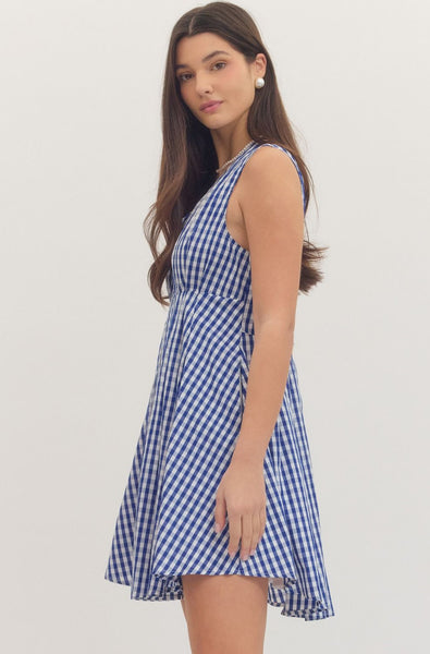 Gingham Zip Up Mini Dress - Navy Blue
