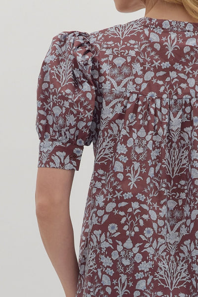 Brown Floral Puff Sleeve Pintuck Top