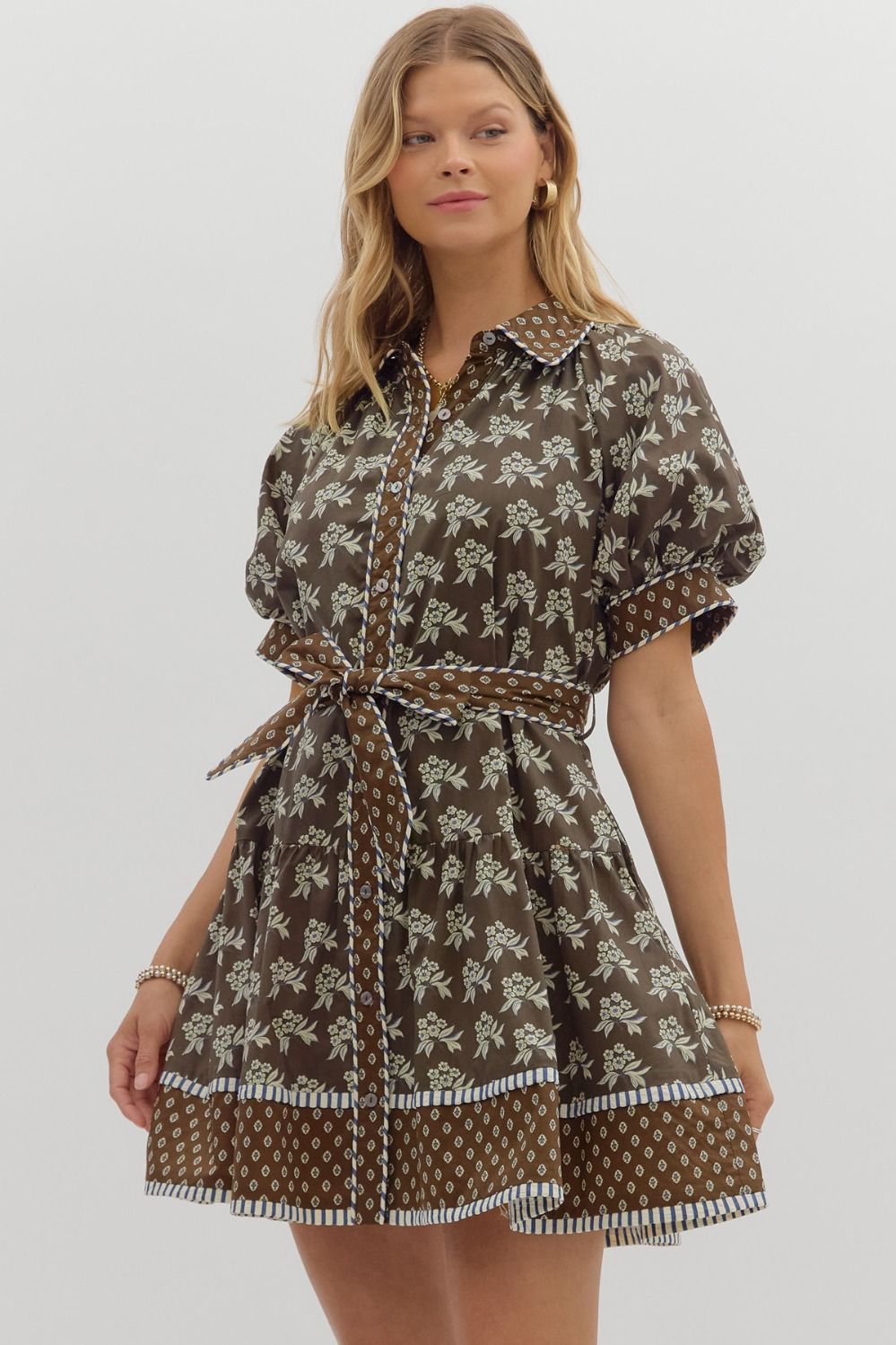 Belted Brown Floral Mini Dress