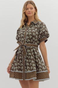 Belted Brown Floral Mini Dress