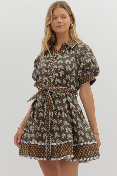 Belted Brown Floral Mini Dress