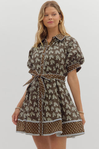 Belted Brown Floral Mini Dress
