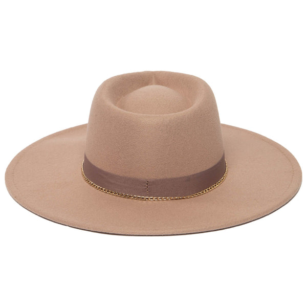 Taupe Fedora with Pinch Crown and Gold Trim
