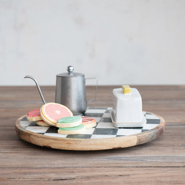 Mango Wood & Marble Check Lazy Susan, White, Black & Natural (Each One Will Vary)