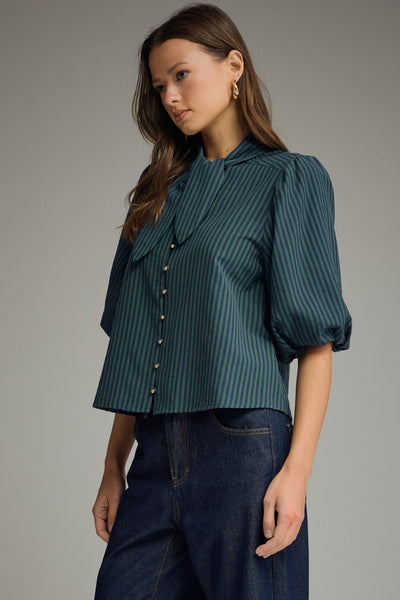 Stripe Self-Tie Neck Short Puff Sleeve Top: Hunter Green