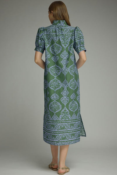 Ornamental Short Puff Sleeve Midi Dress: Green