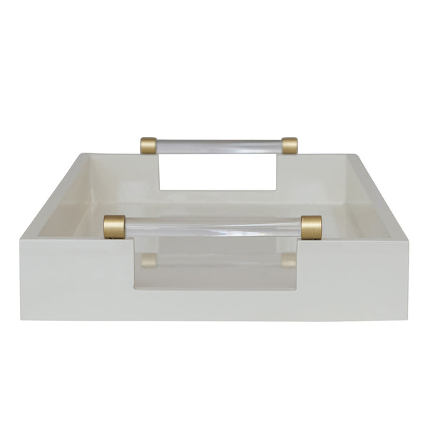 MDF Lacquered Tray w/ Acrylic & Metal Handles, Gold Finish & Cream Color