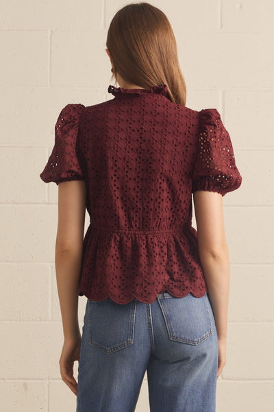 Solid Eyelet Puff Sleeve Top: Burgundy