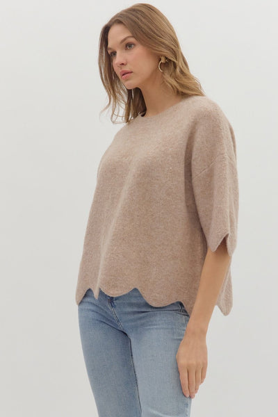 Taupe Knit Scalloped Sweater