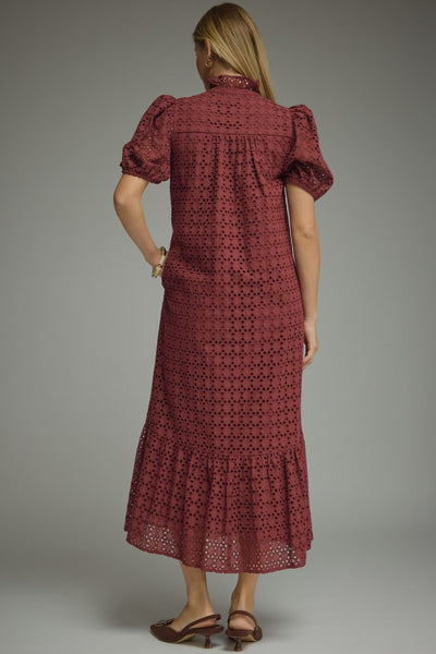 Eyelet Short Puff Sleeve Midi Dress: Burgundy