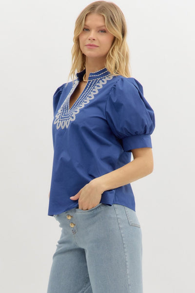 Embroidered V-Neck Puff Sleeve Top
