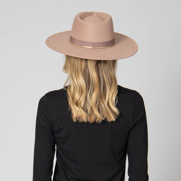 Taupe Fedora with Pinch Crown and Gold Trim