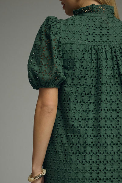 Eyelet Short Puff Sleeve Midi Dress: Green