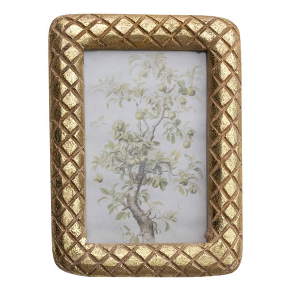 Carved Mango Wood Photo Frame w/ Diamond Pattern, Gold Foil Finish (Holds 4" x 6" Photo)