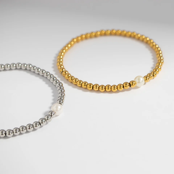 Waterproof Gold Beaded Pearl Accent Stretch Bracelet: 4mm