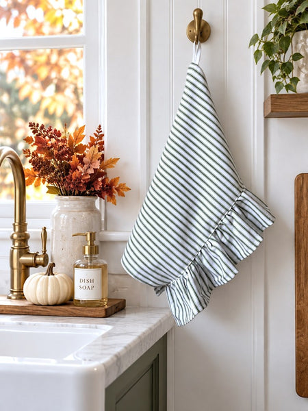 Stay Put Towel - Green Ticking Stripe Ruffle