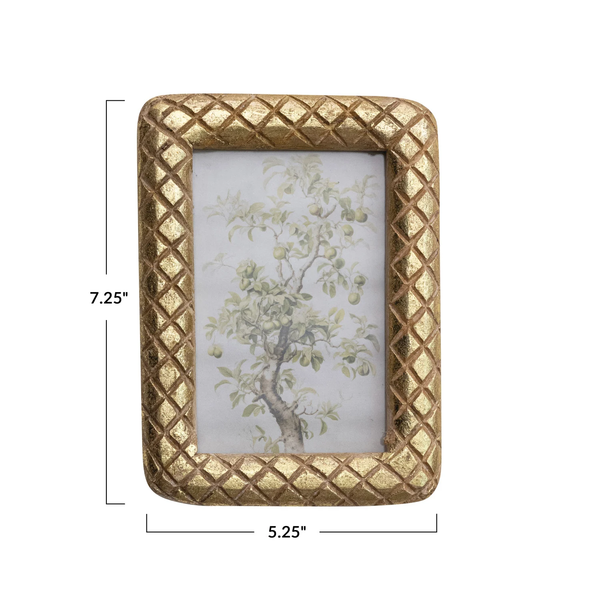 Carved Mango Wood Photo Frame w/ Diamond Pattern, Gold Foil Finish (Holds 4" x 6" Photo)