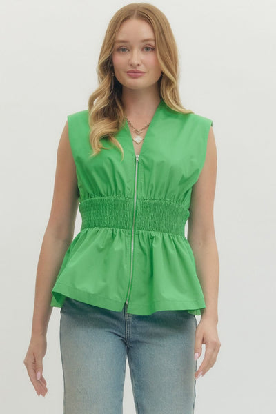 Solid Sleeveless Zip Up Top - Green