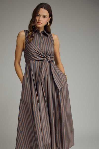 Stripe Tie Accent Dress - Navy/Brown