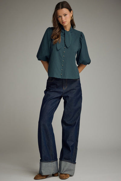 Stripe Self-Tie Neck Short Puff Sleeve Top: Hunter Green