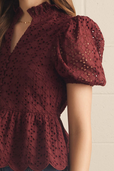 Solid Eyelet Puff Sleeve Top: Burgundy